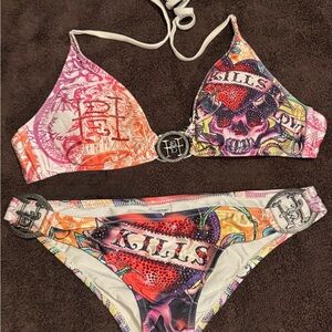 Ed Hardy Love Kills Slowly Bikini Set with signature Design-rhinestones
